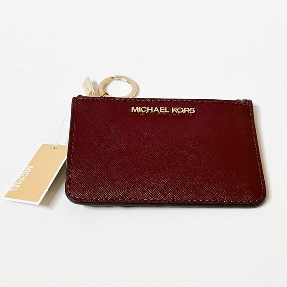 Michael Kors Jet Set Travel Small Top Zip Coin Pouch ID Key Holder Wallet Merlot - Picture 6 of 11
